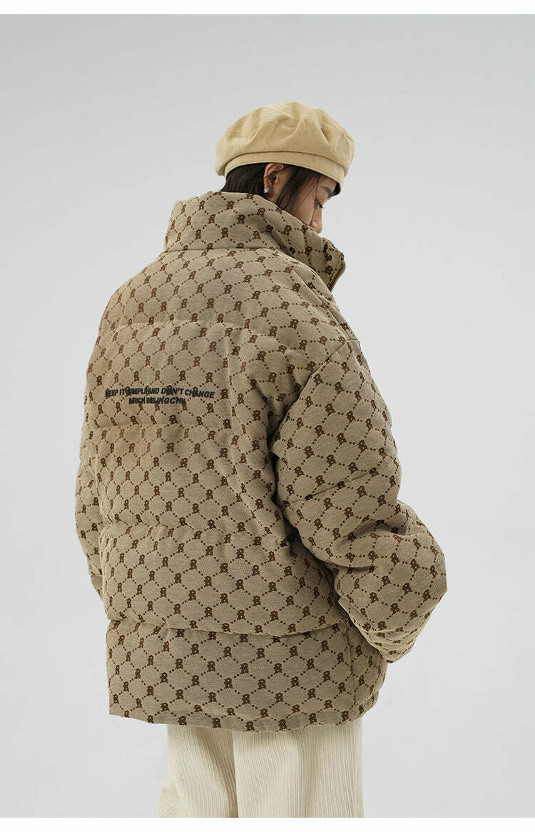 BJHG Monogram Print Puffer Jacket - Y2K Grunge, 90s Retro, Summer & Party Outfits