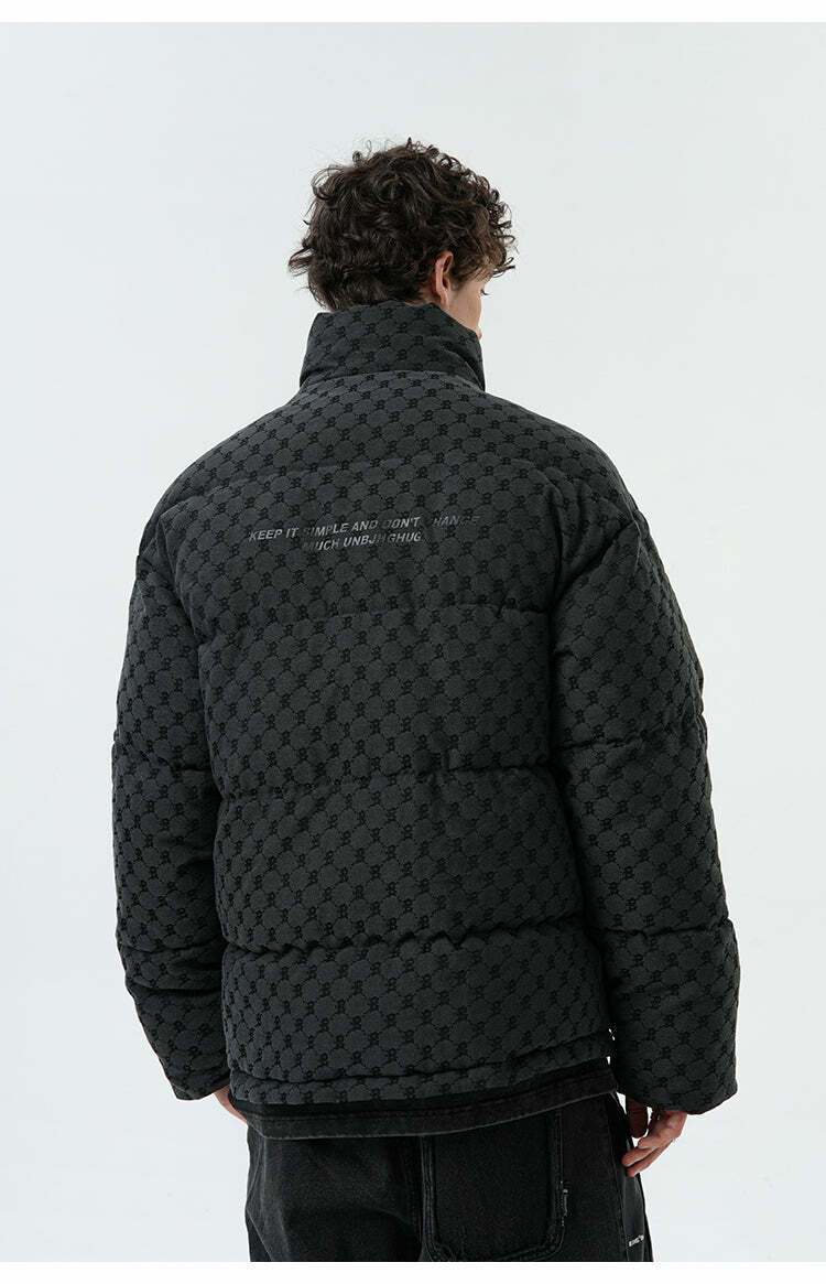 BJHG Monogram Print Puffer Jacket - Y2K Grunge, 90s Retro, Summer & Party Outfits