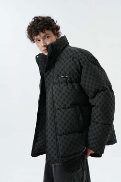 BJHG Monogram Print Puffer Jacket - Y2K Grunge, 90s Retro, Summer & Party Outfits