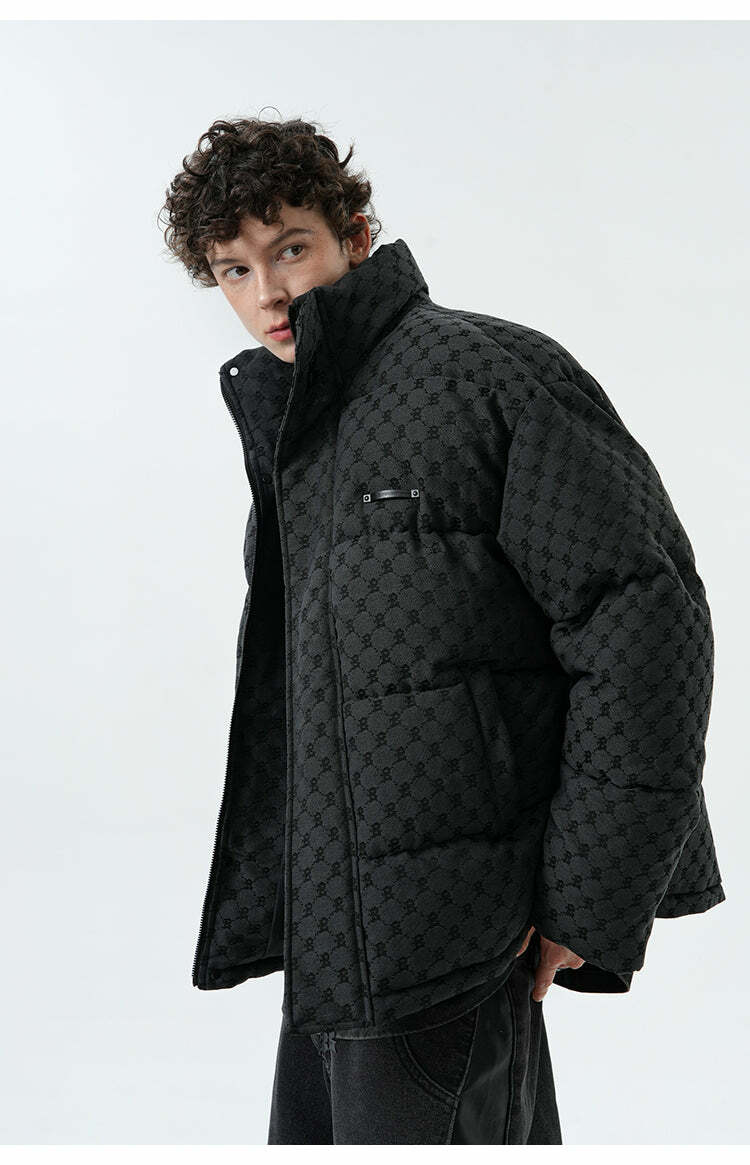 BJHG Monogram Print Puffer Jacket - Y2K Grunge, 90s Retro, Summer & Party Outfits