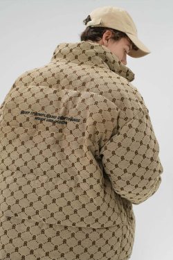 BJHG Monogram Print Puffer Jacket - Y2K Grunge, 90s Retro, Summer & Party Outfits