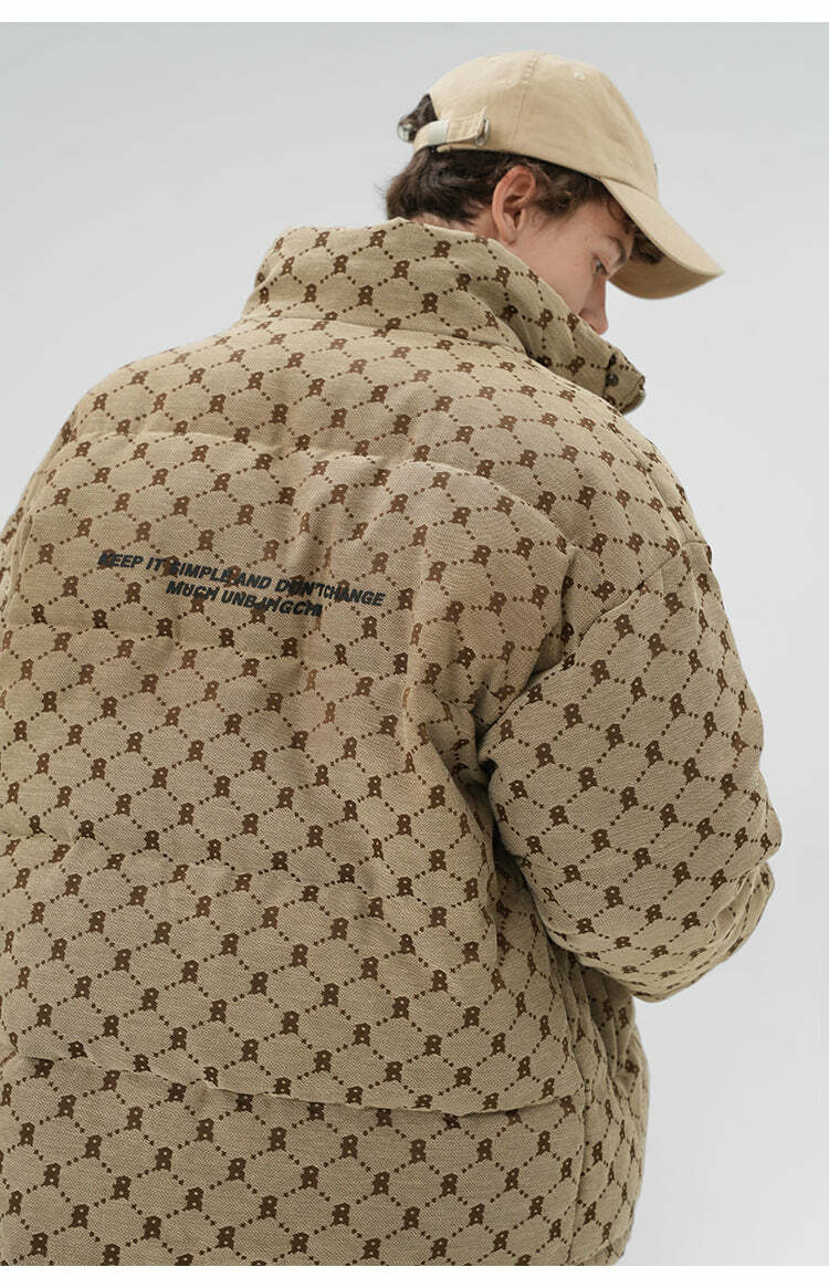 BJHG Monogram Print Puffer Jacket - Y2K Grunge, 90s Retro, Summer & Party Outfits