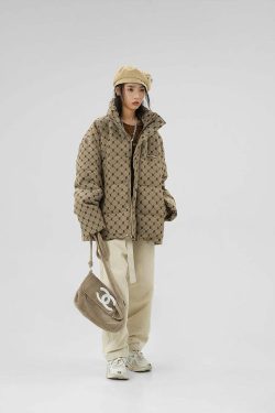 BJHG Monogram Print Puffer Jacket - Y2K Grunge, 90s Retro, Summer & Party Outfits