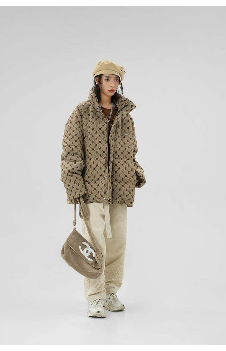 BJHG Monogram Print Puffer Jacket - Y2K Grunge, 90s Retro, Summer & Party Outfits