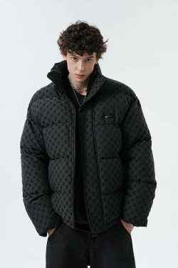 BJHG Monogram Print Puffer Jacket - Y2K Grunge, 90s Retro, Summer & Party Outfits