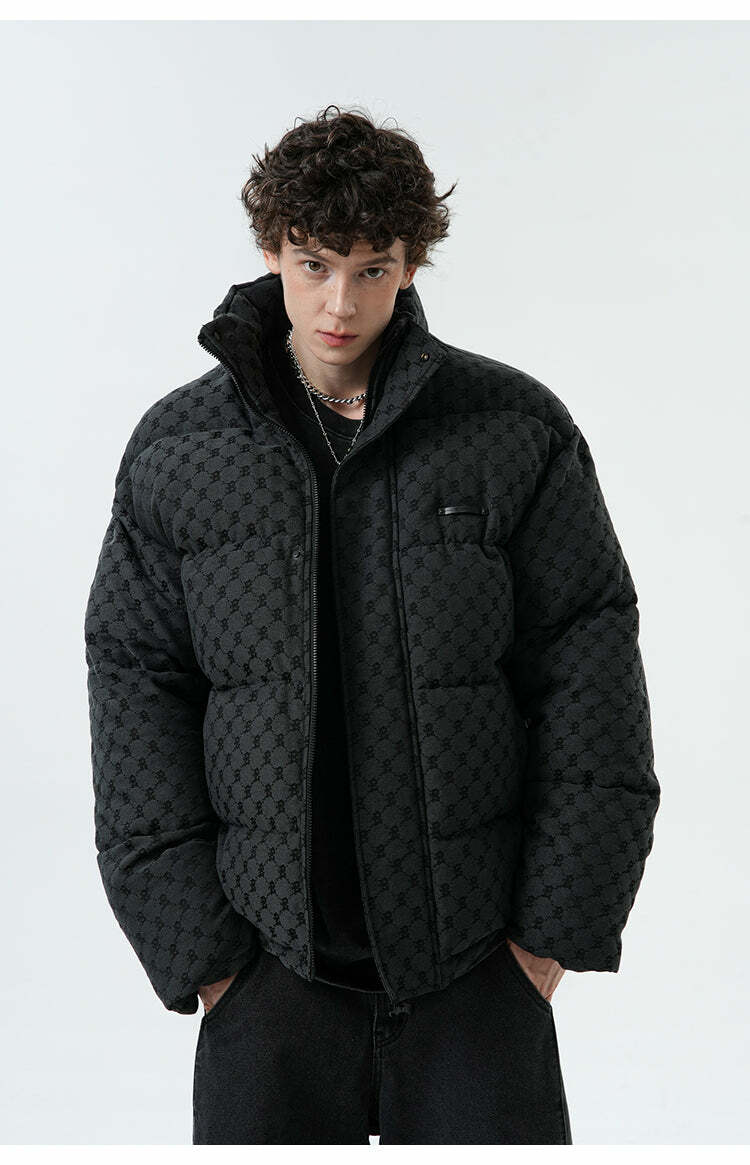 BJHG Monogram Print Puffer Jacket - Y2K Grunge, 90s Retro, Summer & Party Outfits