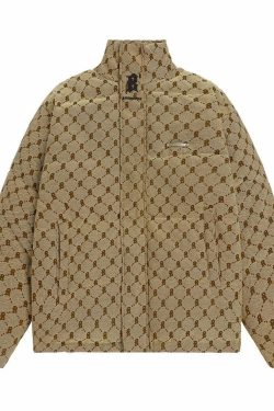 BJHG Monogram Print Puffer Jacket - Y2K Grunge, 90s Retro, Summer & Party Outfits