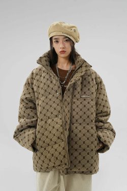 BJHG Monogram Print Puffer Jacket - Y2K Grunge, 90s Retro, Summer & Party Outfits