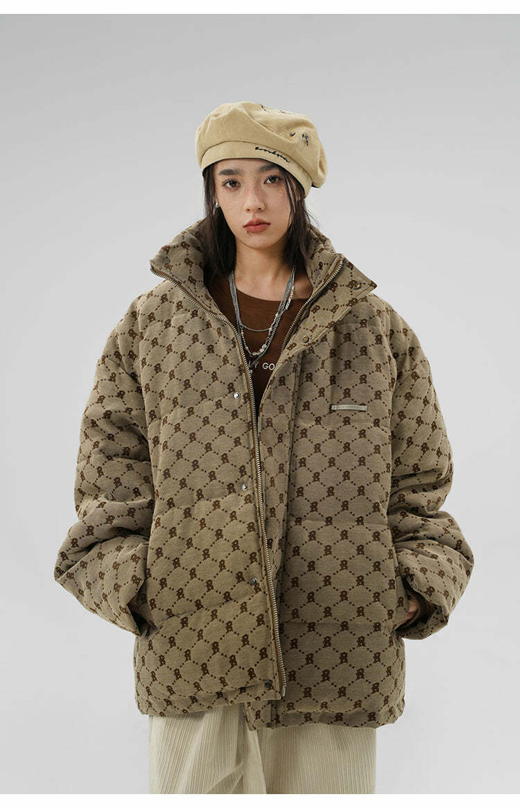 BJHG Monogram Print Puffer Jacket - Y2K Grunge, 90s Retro, Summer & Party Outfits
