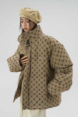 BJHG Monogram Print Puffer Jacket - Y2K Grunge, 90s Retro, Summer & Party Outfits