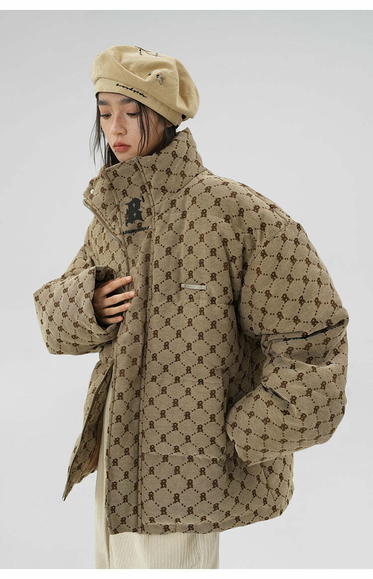 BJHG Monogram Print Puffer Jacket - Y2K Grunge, 90s Retro, Summer & Party Outfits