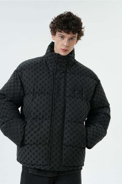 BJHG Monogram Print Puffer Jacket - Y2K Grunge, 90s Retro, Summer & Party Outfits