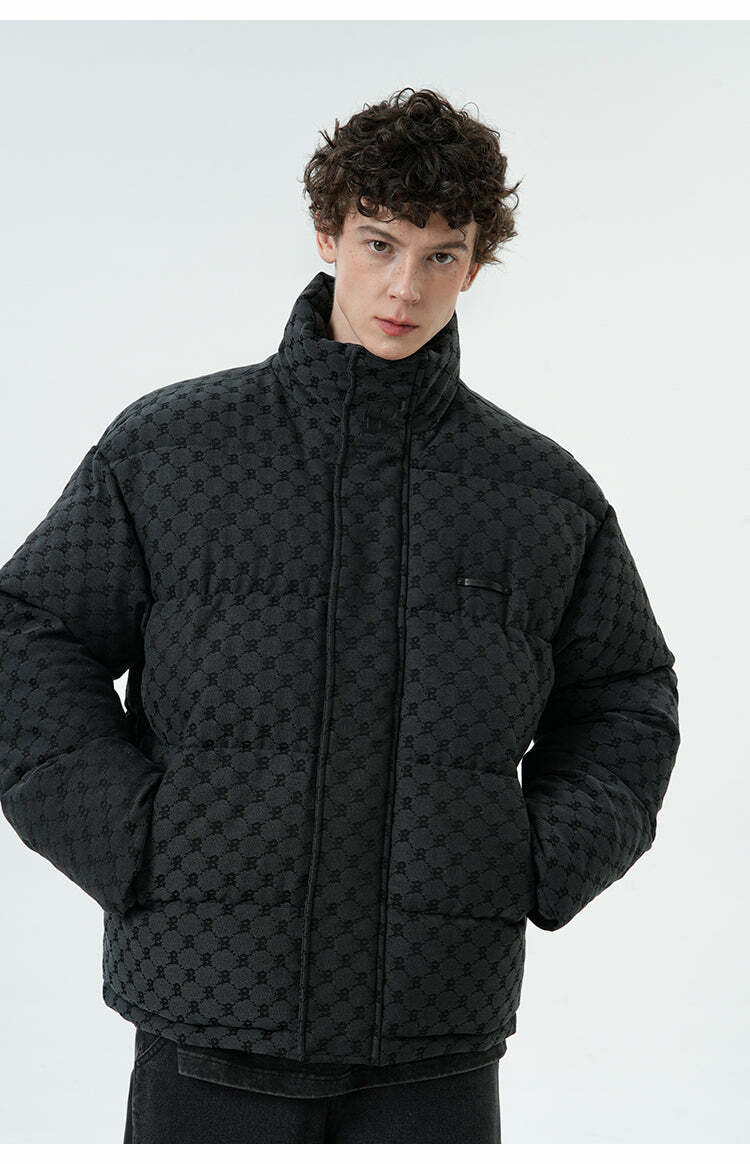 BJHG Monogram Print Puffer Jacket - Y2K Grunge, 90s Retro, Summer & Party Outfits