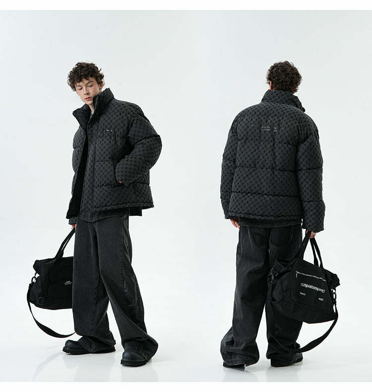 BJHG Monogram Print Puffer Jacket - Y2K Grunge, 90s Retro, Summer & Party Outfits