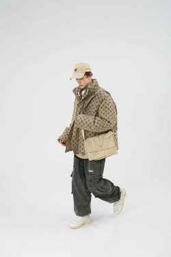 BJHG Monogram Print Puffer Jacket - Y2K Grunge, 90s Retro, Summer & Party Outfits