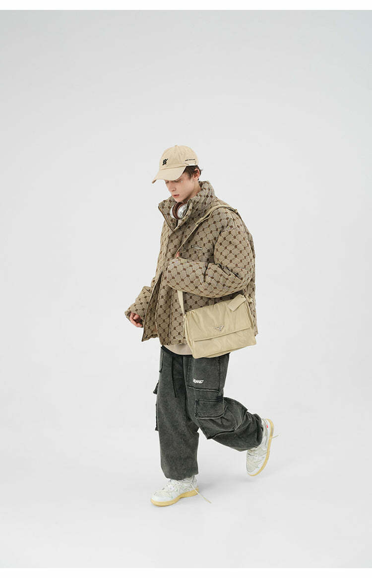 BJHG Monogram Print Puffer Jacket - Y2K Grunge, 90s Retro, Summer & Party Outfits