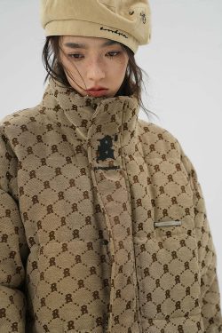 BJHG Monogram Print Puffer Jacket - Y2K Grunge, 90s Retro, Summer & Party Outfits