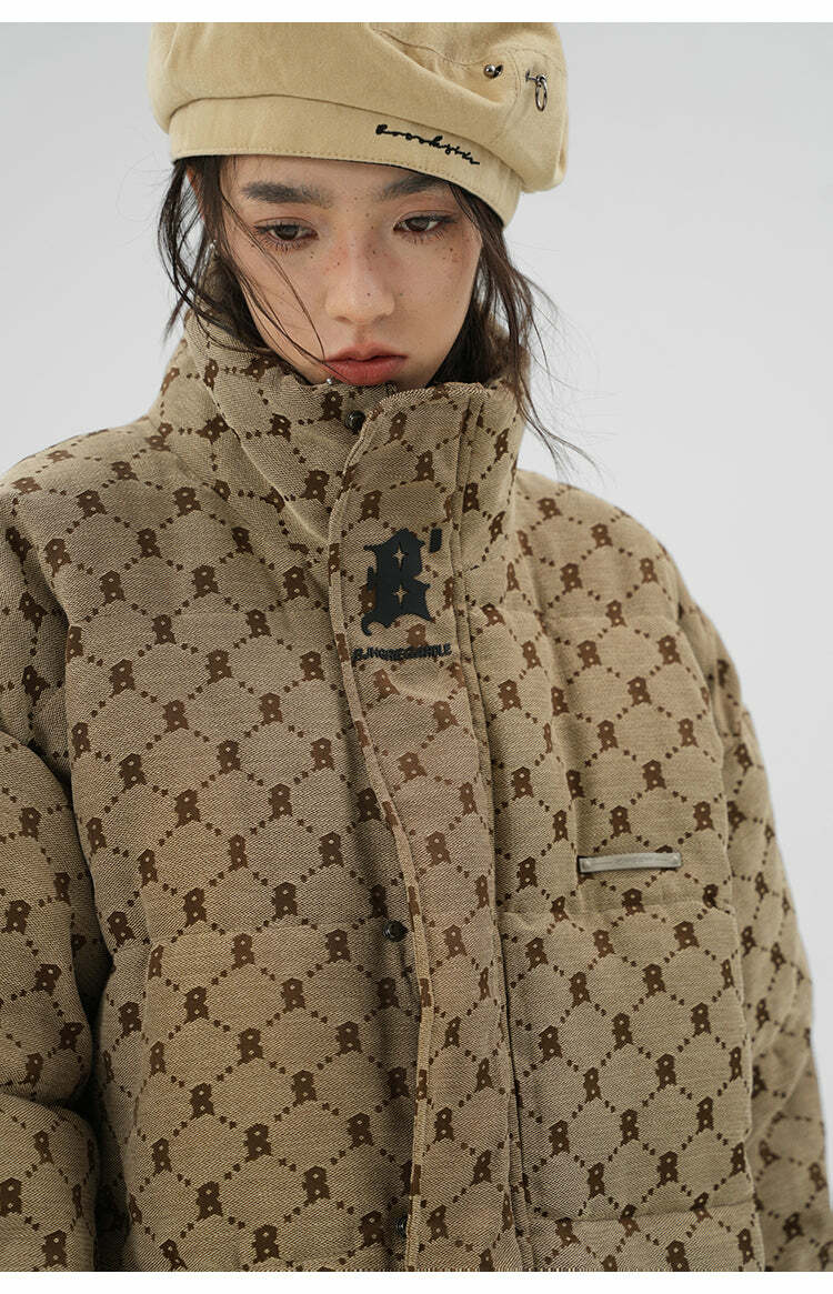 BJHG Monogram Print Puffer Jacket - Y2K Grunge, 90s Retro, Summer & Party Outfits