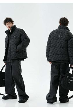 BJHG Monogram Print Puffer Jacket - Y2K Grunge, 90s Retro, Summer & Party Outfits