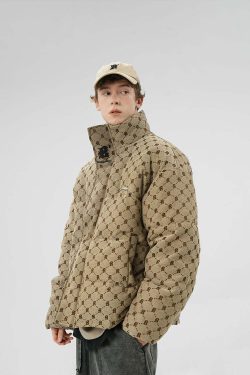 BJHG Monogram Print Puffer Jacket - Y2K Grunge, 90s Retro, Summer & Party Outfits
