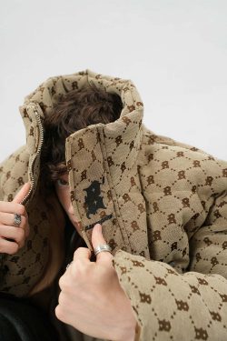 BJHG Monogram Print Puffer Jacket - Y2K Grunge, 90s Retro, Summer & Party Outfits