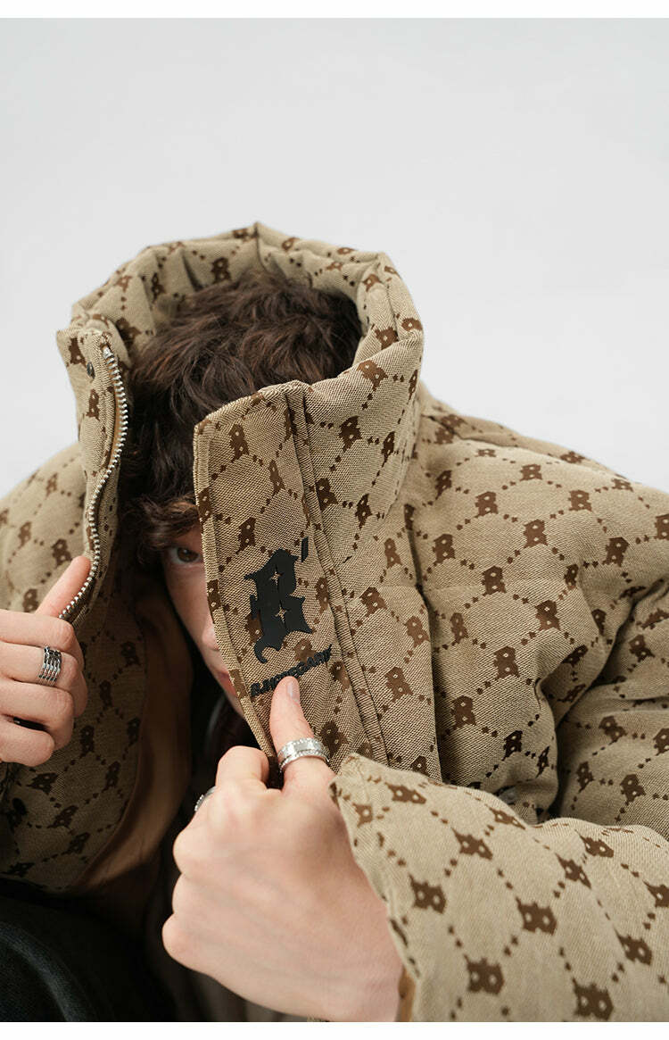 BJHG Monogram Print Puffer Jacket - Y2K Grunge, 90s Retro, Summer & Party Outfits