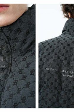 BJHG Monogram Print Puffer Jacket - Y2K Grunge, 90s Retro, Summer & Party Outfits