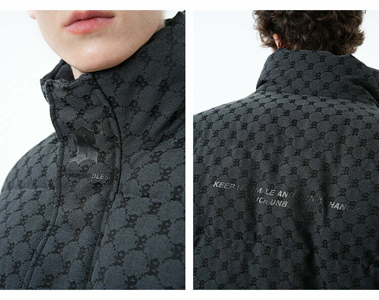 BJHG Monogram Print Puffer Jacket - Y2K Grunge, 90s Retro, Summer & Party Outfits