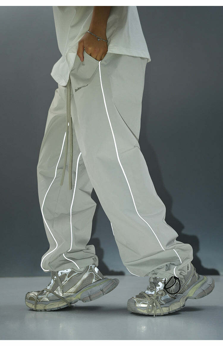 BJHG Reflective Striped Track Pants - Y2K Grunge, 90s Fashion, Retro Summer Outfits, Y2K Club Style