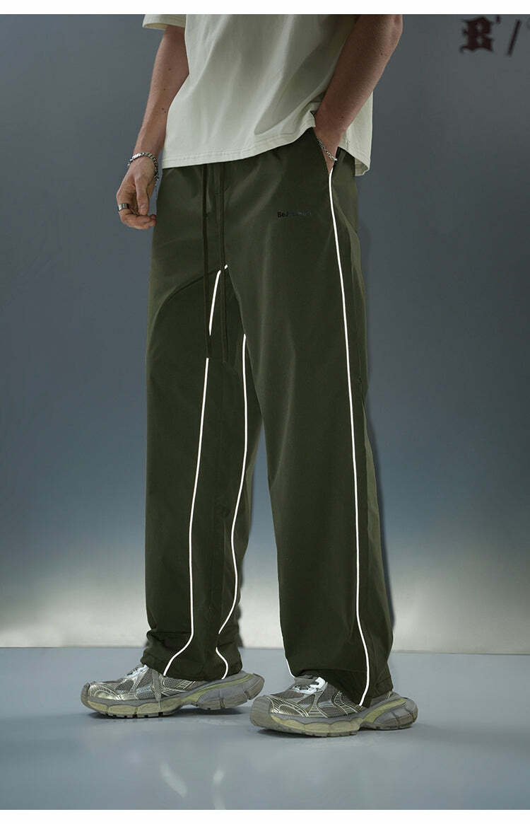BJHG Reflective Striped Track Pants - Y2K Grunge, 90s Fashion, Retro Summer Outfits, Y2K Club Style