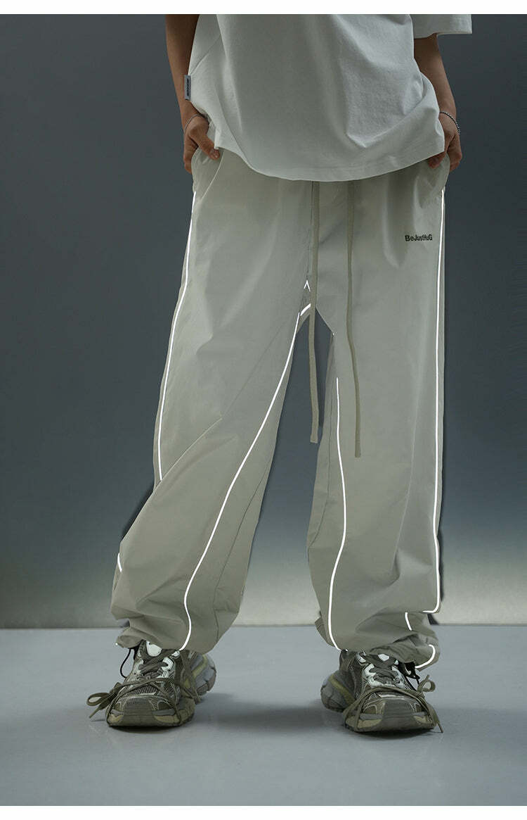 BJHG Reflective Striped Track Pants - Y2K Grunge, 90s Fashion, Retro Summer Outfits, Y2K Club Style