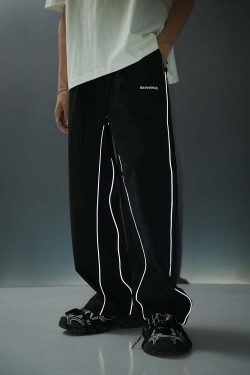 BJHG Reflective Striped Track Pants - Y2K Grunge, 90s Fashion, Retro Summer Outfits, Y2K Club Style