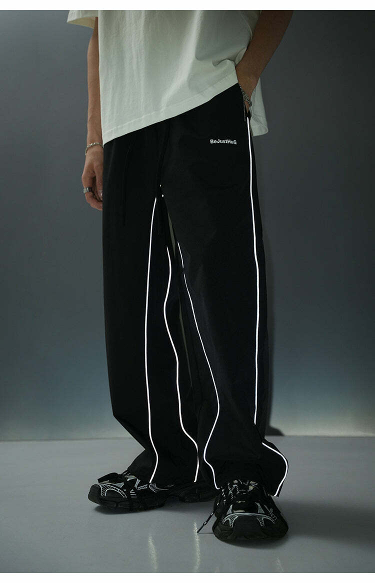BJHG Reflective Striped Track Pants - Y2K Grunge, 90s Fashion, Retro Summer Outfits, Y2K Club Style