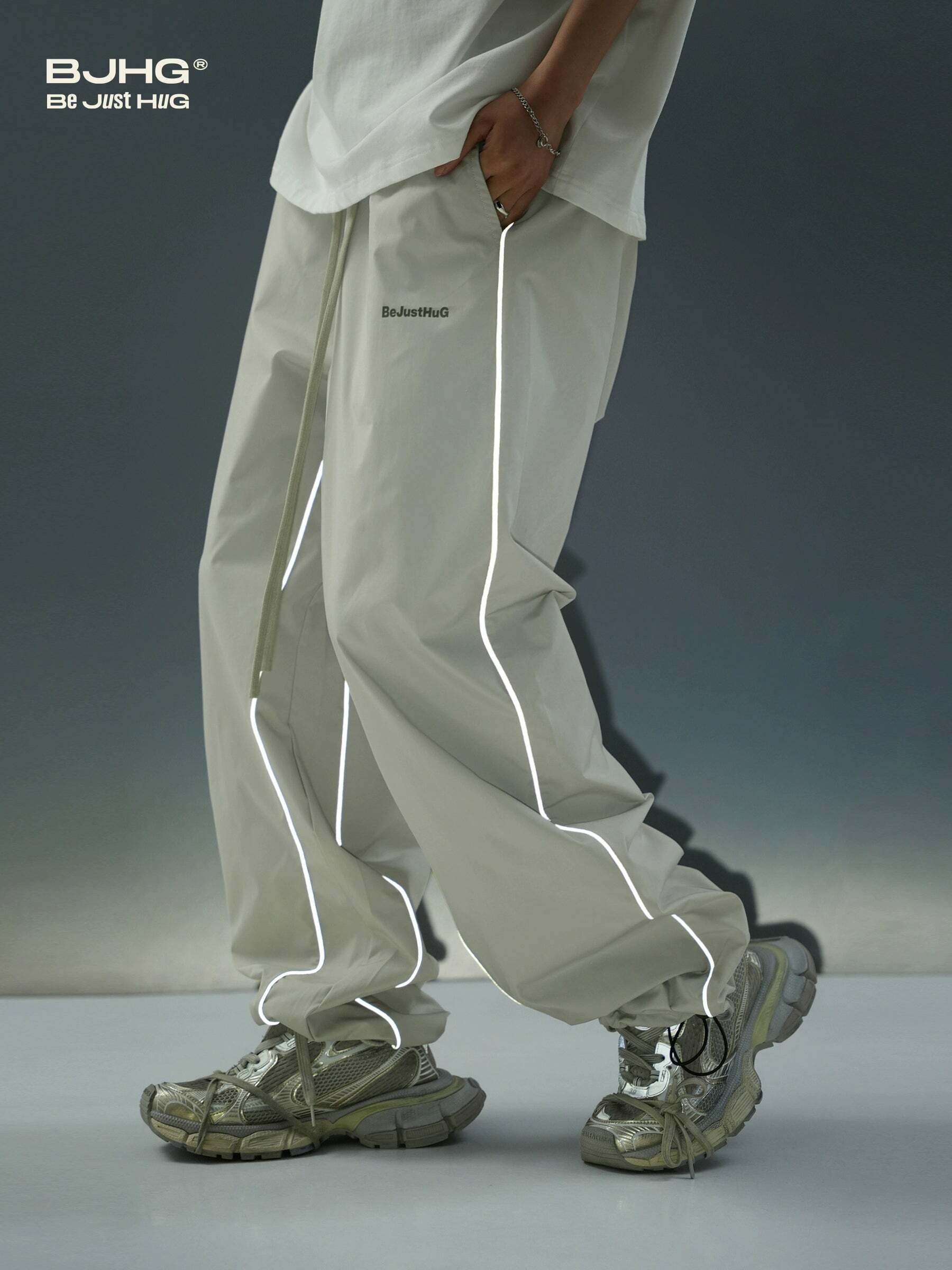 BJHG Reflective Striped Track Pants - Y2K Grunge, 90s Fashion, Retro Summer Outfits, Y2K Club Style