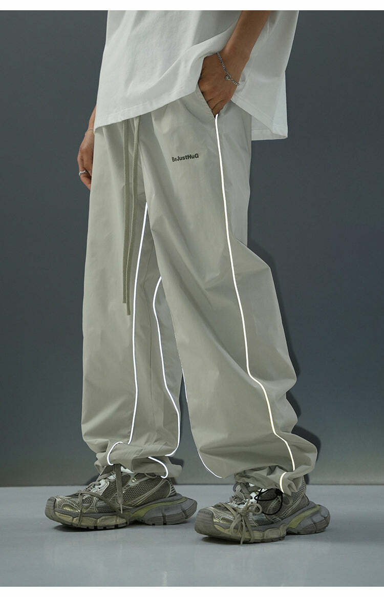 BJHG Reflective Striped Track Pants - Y2K Grunge, 90s Fashion, Retro Summer Outfits, Y2K Club Style
