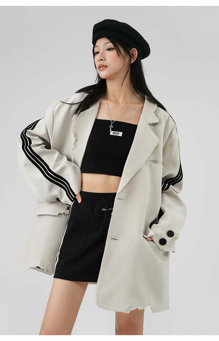 BJHG Striped Blazer - Y2K Summer, 90s Grunge, Retro Hip Hop, Pastel Goth, Y2K Party