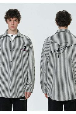 BJHG Striped Button-Up Long Sleeve - Y2K Summer, 90s Grunge, Retro Goth, Y2K Party & Club Out