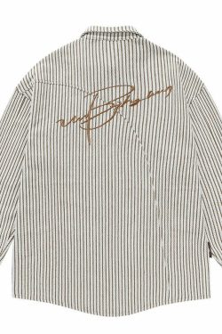 BJHG Striped Button-Up Long Sleeve - Y2K Summer, 90s Grunge, Retro Goth, Y2K Party & Club Out
