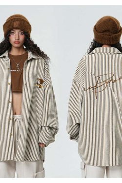 BJHG Striped Button-Up Long Sleeve - Y2K Summer Grunge, 90s Retro, Pastel Goth, Y2K Club Outfit