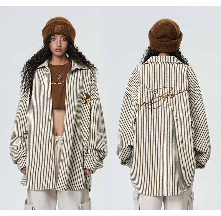 BJHG Striped Button-Up Long Sleeve - Y2K Summer Grunge, 90s Retro, Pastel Goth, Y2K Club Outfit