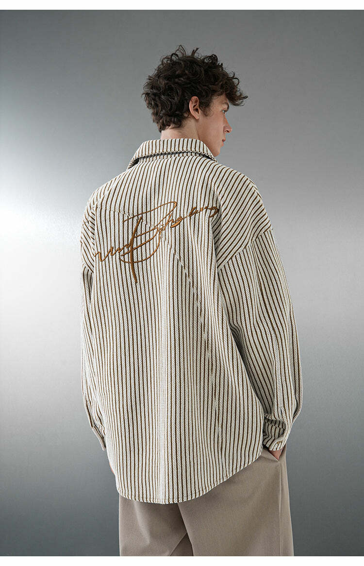 BJHG Striped Button-Up Long Sleeve - Y2K Summer Grunge, 90s Retro, Pastel Goth, Y2K Club Outfit