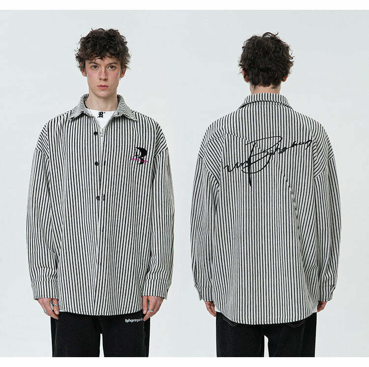 BJHG Striped Button-Up Long Sleeve - Y2K Summer Grunge, 90s Retro, Pastel Goth, Y2K Club Outfit