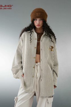 BJHG Striped Button-Up Long Sleeve - Y2K Summer Grunge, 90s Retro, Pastel Goth, Y2K Club Outfit