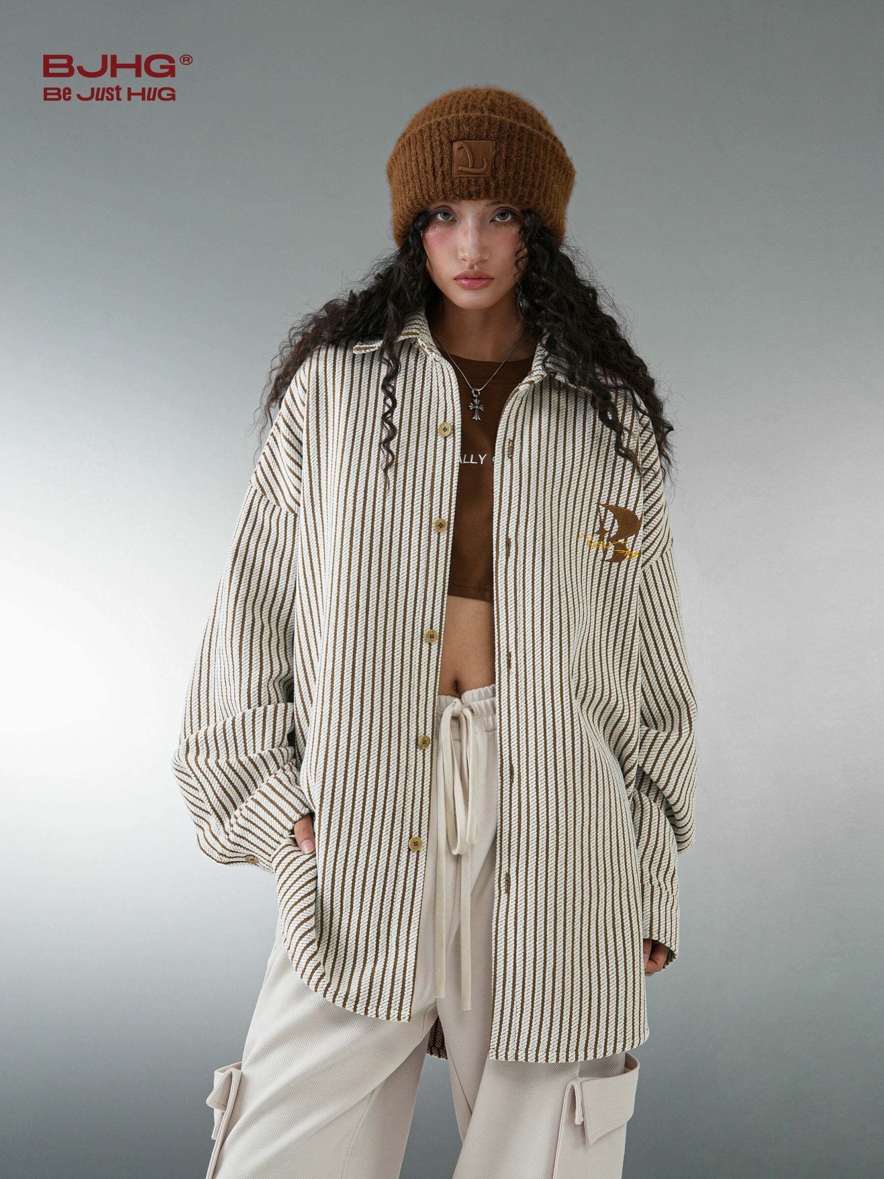 BJHG Striped Button-Up Long Sleeve - Y2K Summer Grunge, 90s Retro, Pastel Goth, Y2K Club Outfit