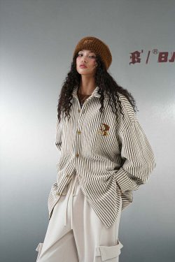 BJHG Striped Button-Up Long Sleeve - Y2K Summer Grunge, 90s Retro, Pastel Goth, Y2K Club Outfit