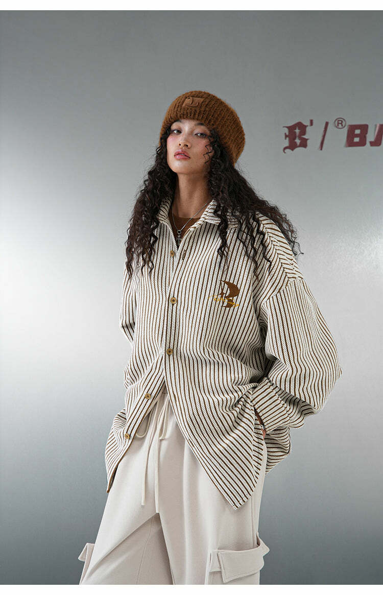 BJHG Striped Button-Up Long Sleeve - Y2K Summer Grunge, 90s Retro, Pastel Goth, Y2K Club Outfit