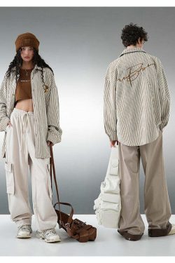 BJHG Striped Button-Up Long Sleeve - Y2K Summer Grunge, 90s Retro, Pastel Goth, Y2K Club Outfit