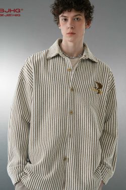 BJHG Striped Button-Up Long Sleeve - Y2K Summer Grunge, 90s Retro, Pastel Goth, Y2K Club Outfit