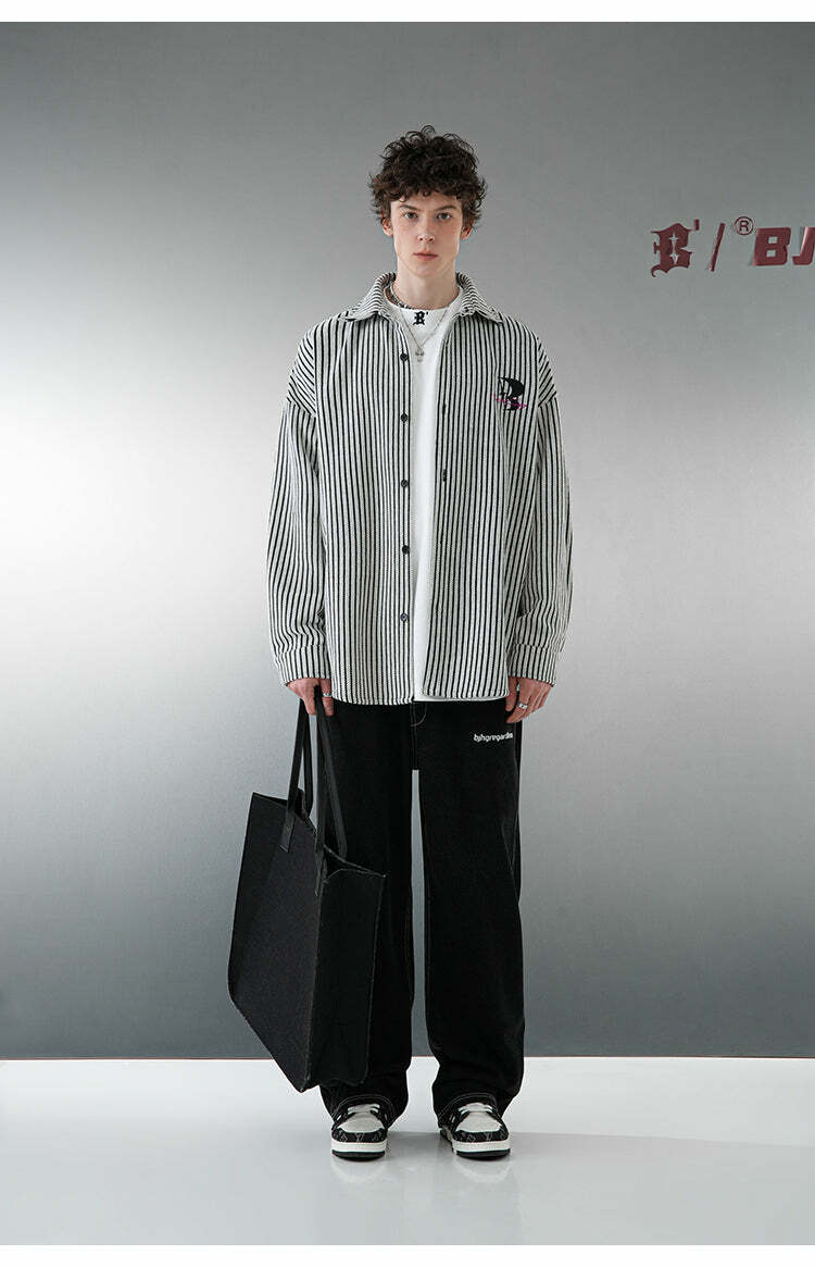 BJHG Striped Button-Up Long Sleeve - Y2K Summer Grunge, 90s Retro, Pastel Goth, Y2K Club Outfit