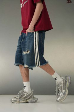 BJHG Striped Denim Shorts - Y2K Summer Grunge, 90s Retro, Y2K Club & Party Outfits